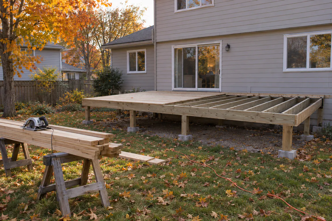 A new wooden deck frame going up behind a house, with lumber and a circular saw on sawhorses.