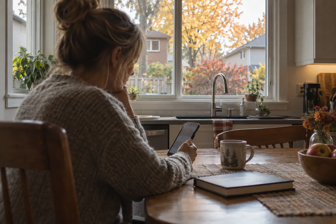 A homeowner at a kitchen table looks at her phone, with a backyard fence visible through the window.