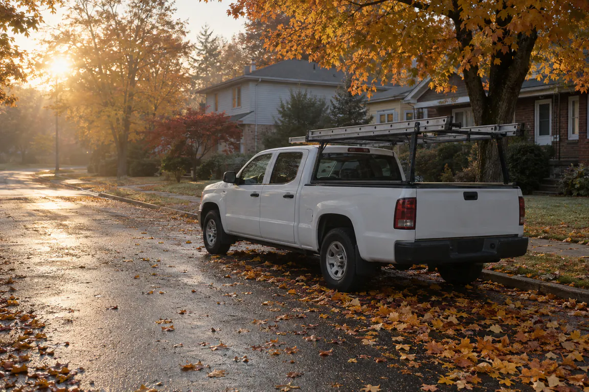 A white pickup truck with a ladder rack parked on a quiet residential street on an autumn morning.