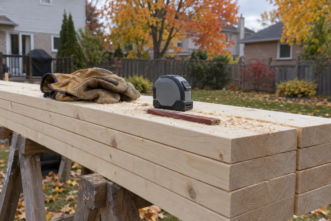 Work gloves and a tape measure on fresh lumber set on sawhorses in a backyard.